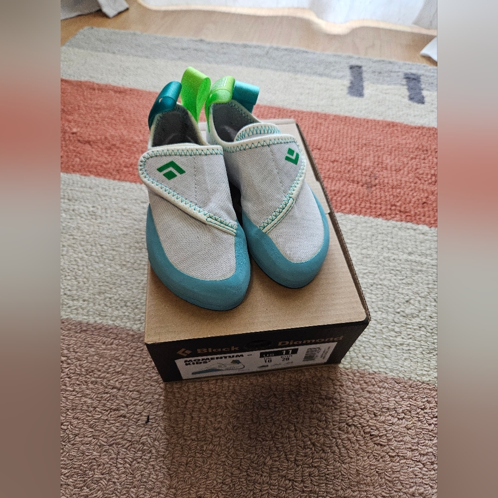 Black Diamond Kids Climbing Shoes in Teal, Gray, and Neon Green
